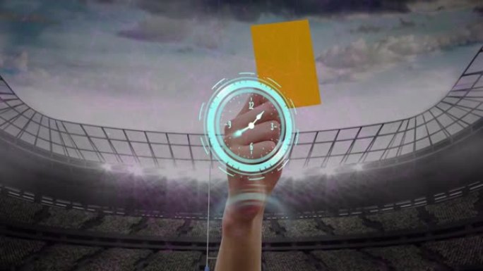 时钟在体育馆内快速移动裁判出示黄牌的动画