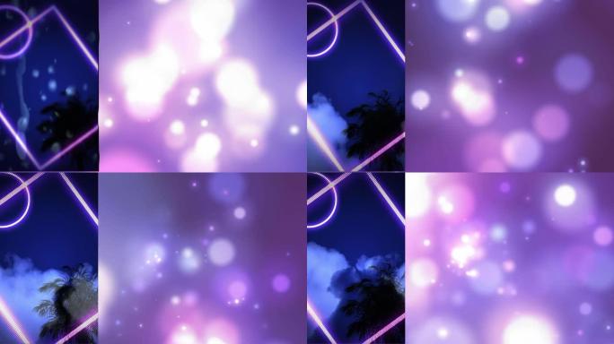 带有发光斑点的棕榈树上的紫色霓虹灯框架动画