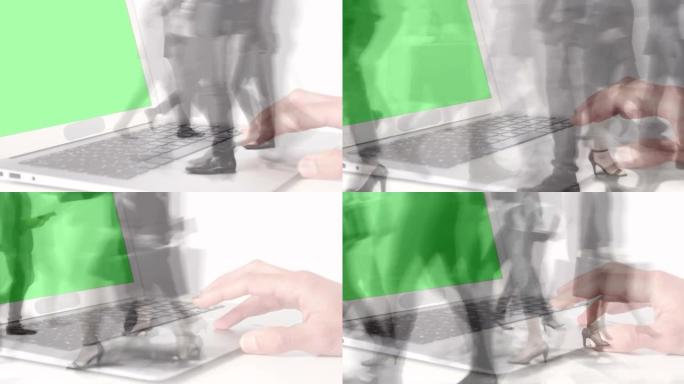 使用带有绿色屏幕的笔记本电脑的手的动画加速了通勤者在现代建筑中的行走