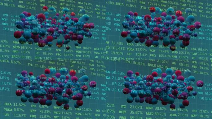 绿色背景上的粉红色和蓝色小玩意在股市数据上的动画
