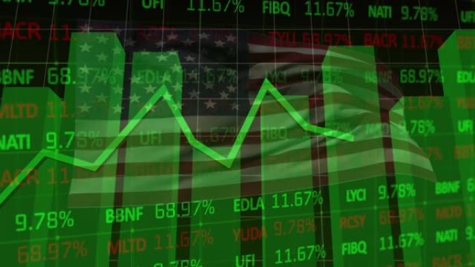 黑色背景上的美国国旗上的数据处理和绿色图形动画