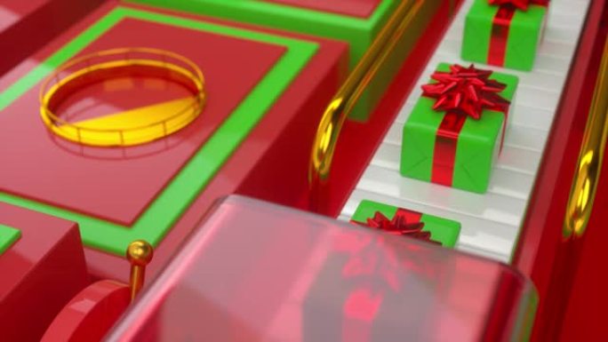 传送带上的礼品盒圣诞节或圣诞节。圣诞老人在北极的圣诞玩具工厂。带圣诞礼物的传送带。带红丝带的绿色盒子