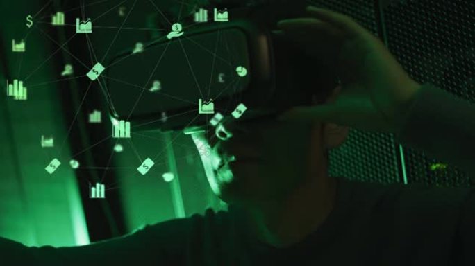 通过计算机服务器通过虚拟现实耳机实现亚洲男性信息技术工程师的网络连接动画