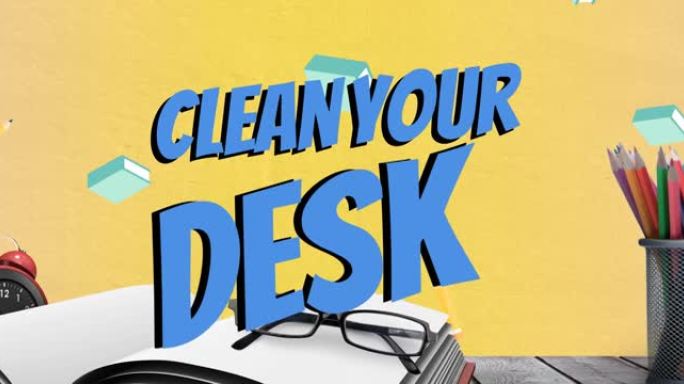 动画清洁您的书桌文字超过书，眼镜和办公室物品超过黄色的背景