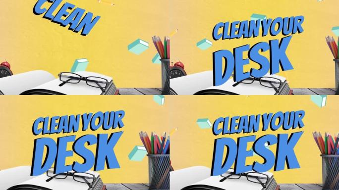 动画清洁您的书桌文字超过书，眼镜和办公室物品超过黄色的背景