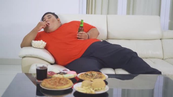 懒惰的超重男子在沙发上喝啤酒