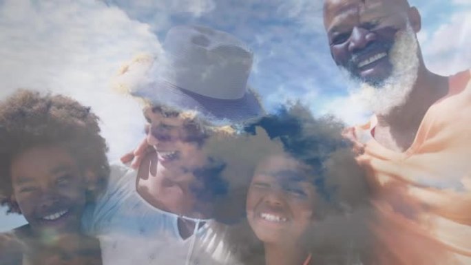 快乐的非裔美国人家庭在云层上拥抱海滩的动画
