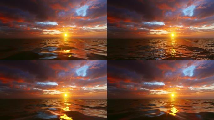 戏剧性的海上日出，红色的天空和闪亮的金色波浪