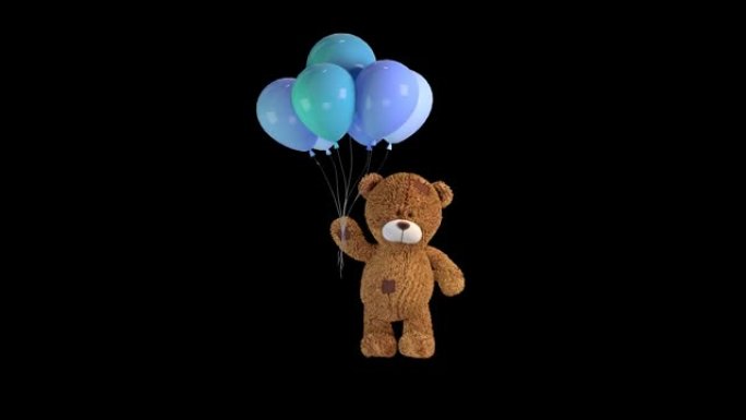 泰迪熊带着蓝色气球快乐散步