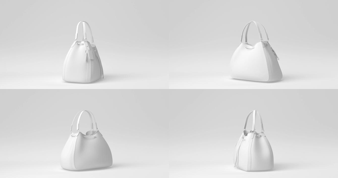 白色包女性时尚配饰漂浮在白色背景中。极简概念创意。折纸风格。3D渲染。