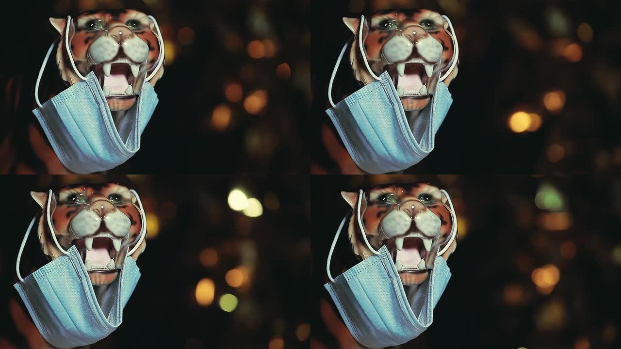 老虎面具黑暗背景的镜头
