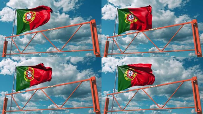 葡萄牙国旗和挥臂障碍。禁止进入概念3d动画