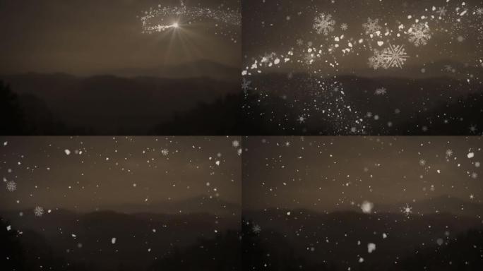 棕色背景上流星和雪落在山上的动画
