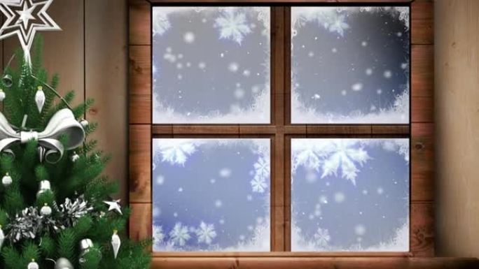 蓝色背景下漂浮的雪花上的圣诞树和木制窗框