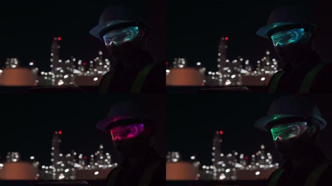 Asien女工程师在夜间在石油工业工厂使用虚拟现实眼镜