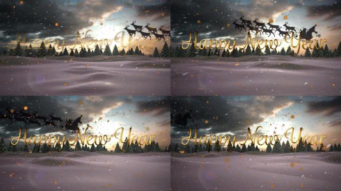 圣诞老人在雪橇上与驯鹿在冬季景观上的新年快乐动画