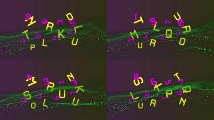 在黑色上移动绿色数字景观上更改粉红色数字和黄色字母的动画