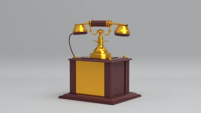 旋转棕色和金色复古旧木电话带线无缝循环动画背景，古董电话通信技术概念3d渲染视频高清1080p