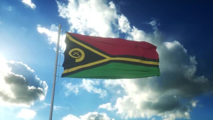 瓦努阿图的国旗迎风飘扬，迎着美丽的蓝天
