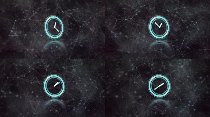 时钟在连接和发光点网络上快速移动的动画