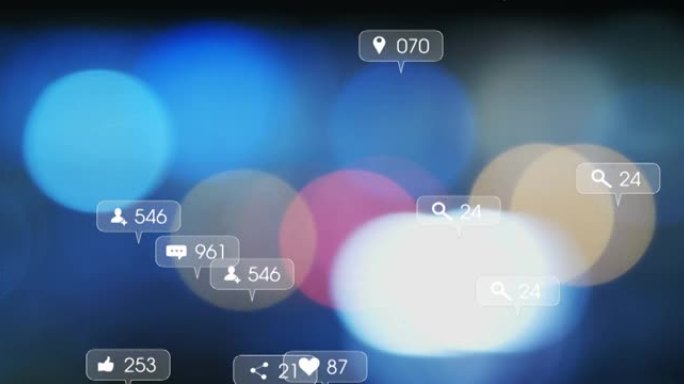 社交媒体图标和数字在焦点闪烁的灯光下的动画