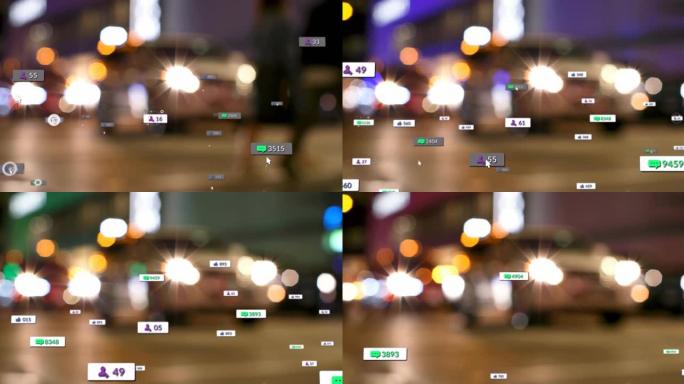 社交媒体图标和数字在焦点城市和交通信号灯上的动画