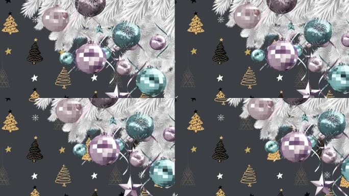 黑色背景上的树木和星星上的小玩意和装饰的圣诞树动画