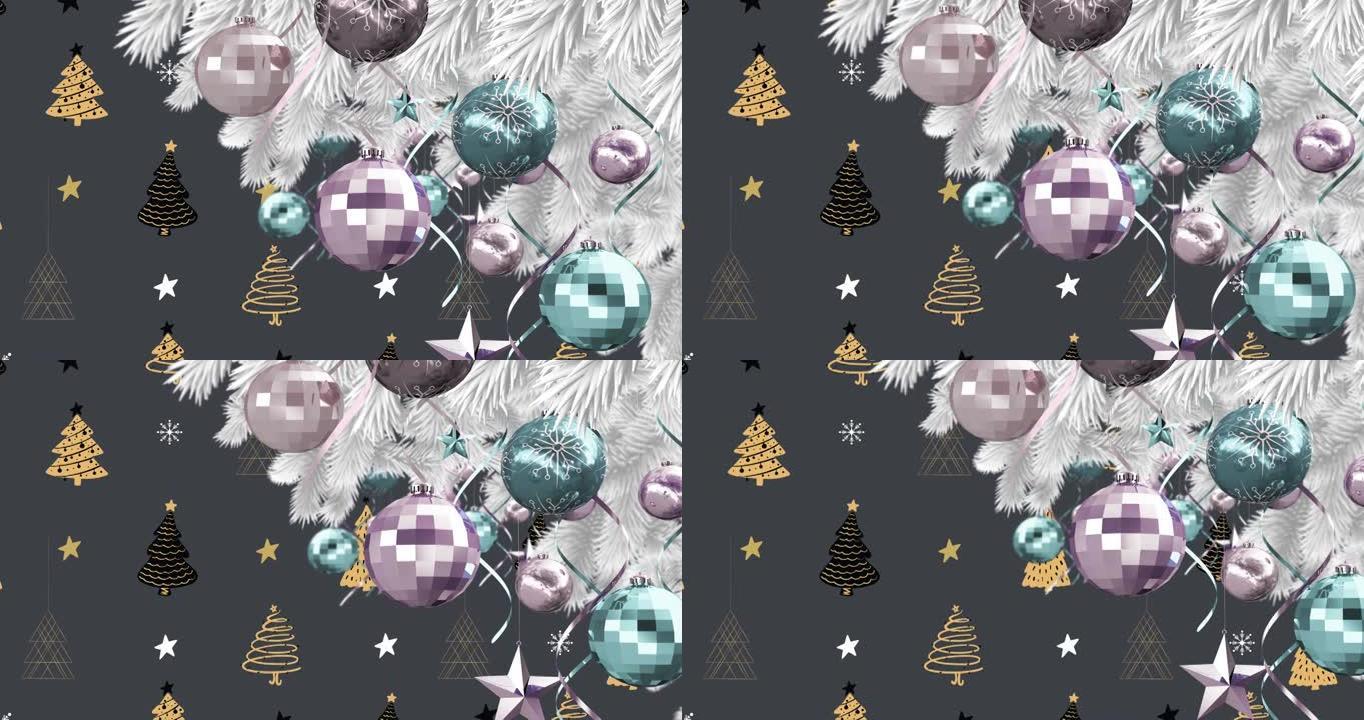 黑色背景上的树木和星星上的小玩意和装饰的圣诞树动画