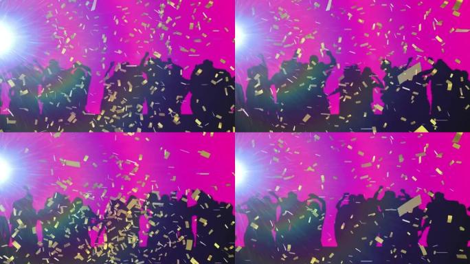 金色五彩纸屑在闪烁的聚光灯和粉红色背景下落在跳舞人群上的动画