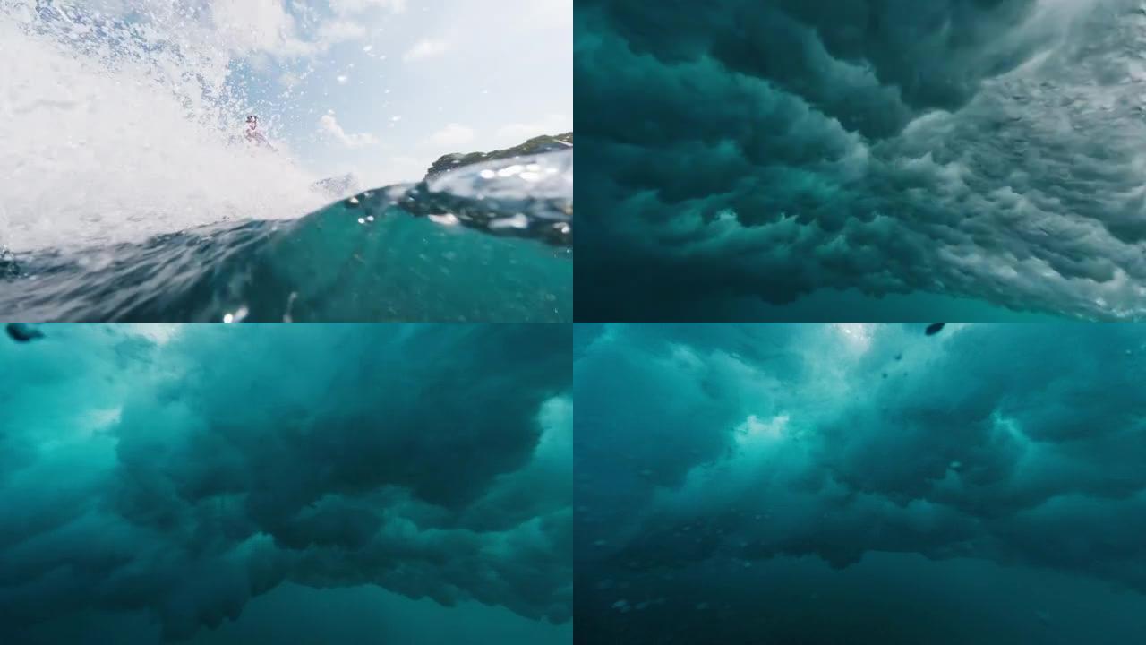 男性冲浪者乘风而入。男子在马尔代夫冲浪完美的蓝浪