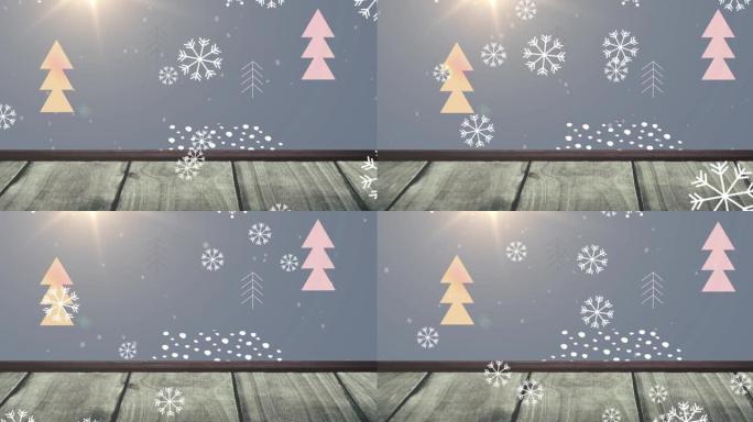 雪花落在圣诞树上的动画和木质表面的图案