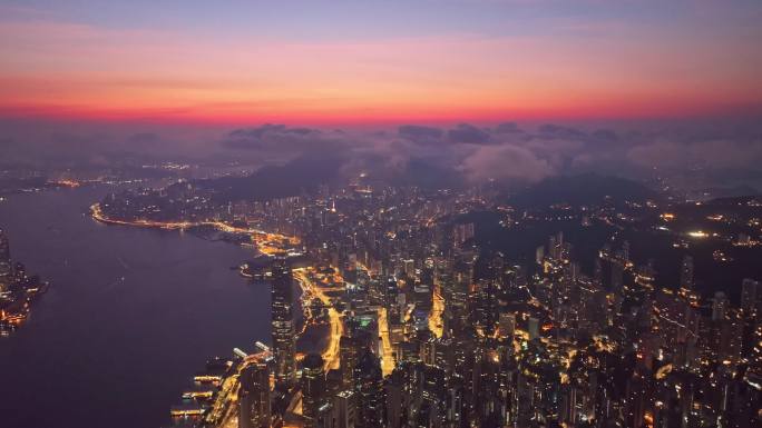 4K正版-航拍香港维多利亚港黎明景观04