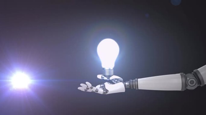 延长机器人手臂的手和黑暗背景上的照明灯泡的动画