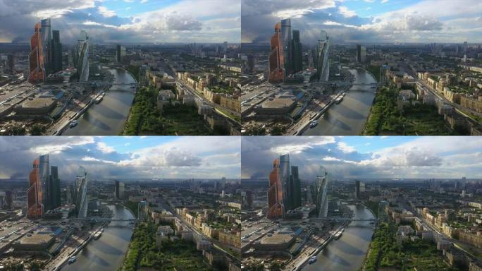 俄罗斯夏日阳光现代莫斯科市河空中全景4k