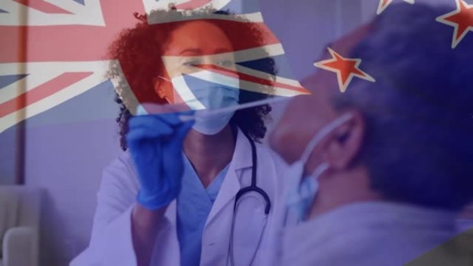 澳大利亚国旗动画与戴着面具的女医生给男性患者covid拭子测试