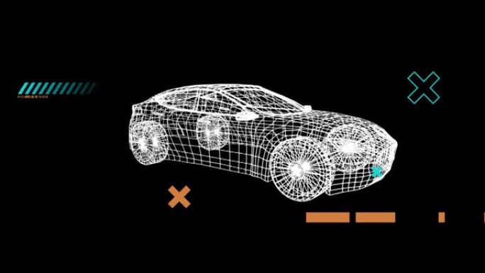 黑色背景上旋转的3d汽车画上的下落形状的动画