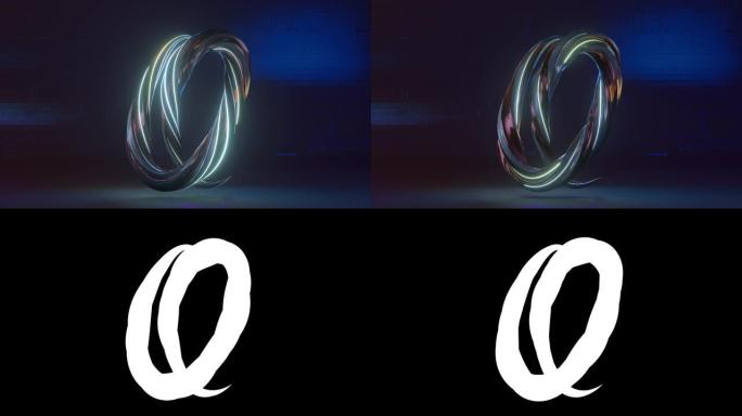 收集生活字母表。独特的扭曲字母。霓虹深色。字母Q。无缝循环的3d动画