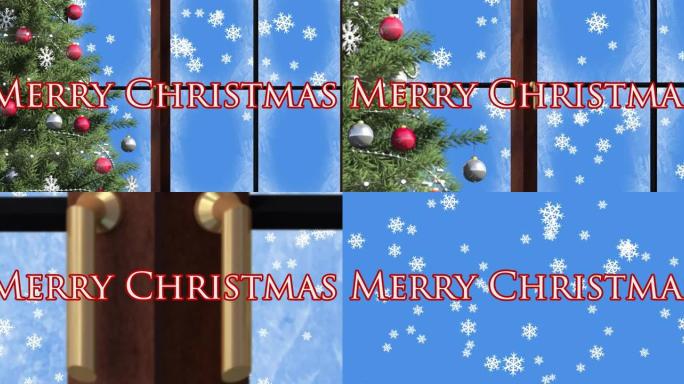 圣诞树和窗框，蓝色背景上的圣诞快乐文字和雪花