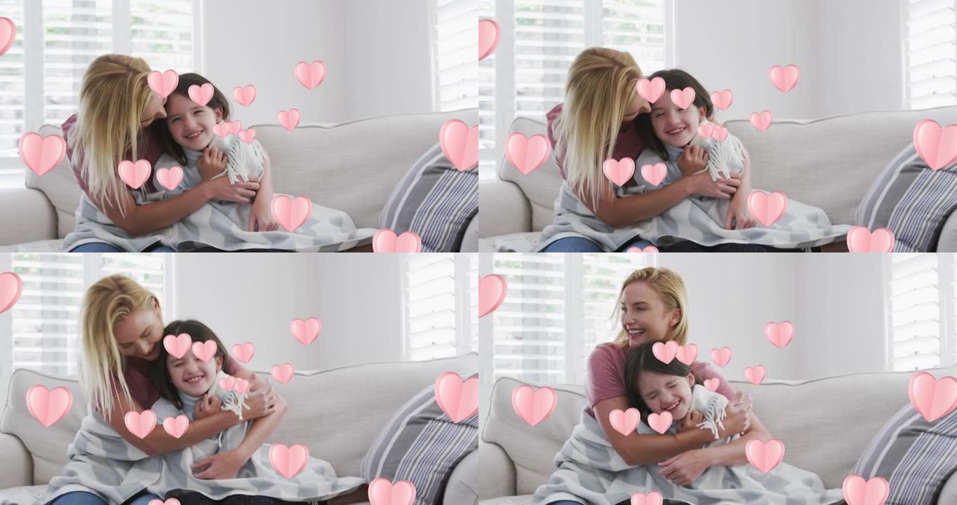 快乐的高加索妇女和她的女儿坐在沙发上拥抱的心灵动画