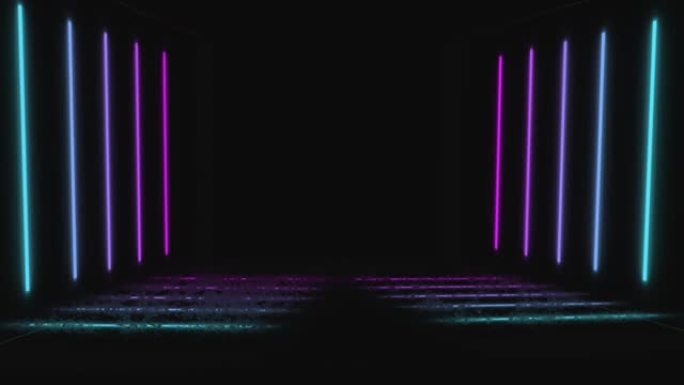 黑色背景上的蓝色，紫色和粉红色发光霓虹灯线的动画