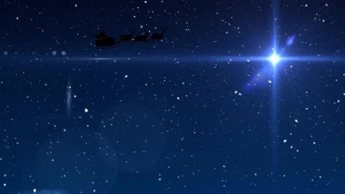 雪落在雪橇上的圣诞老人身上的动画与驯鹿和发光的星星