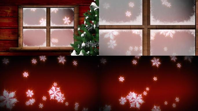 红色背景下漂浮的雪花上的圣诞树和窗框
