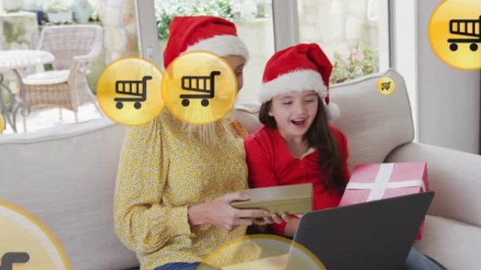 圣诞节在高加索母女身上的在线购物手推车图标动画