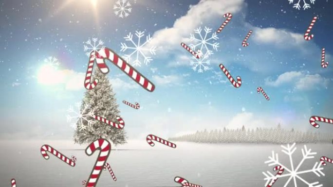 冬季景观上的多个糖果藤蔓图标和雪花落在圣诞树上