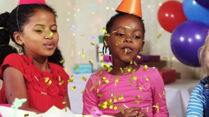 在生日聚会上，五彩纸屑掉落在戴着派对帽的不同孩子身上的动画