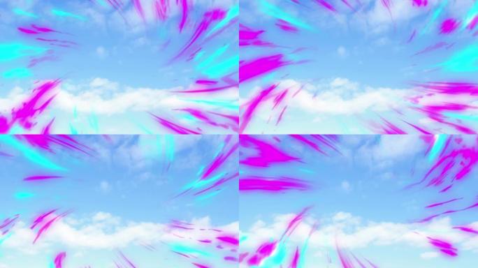 蓝色天空中紫色和绿色数字波浪对抗云彩的数字动画