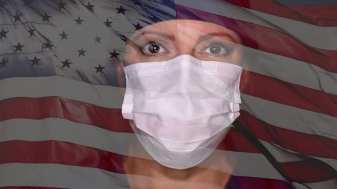 女医生或护士脱下医用口罩和防护眼镜，结合挥舞着美国国旗的幽灵慢动作。