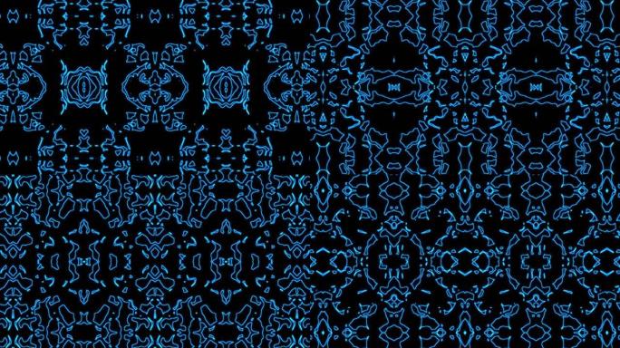 抽象蓝色几何无缝图案背景。抽象条纹万花筒环。快速迷幻彩色万花筒VJ背景。迪斯科抽象运动背景。万花筒效
