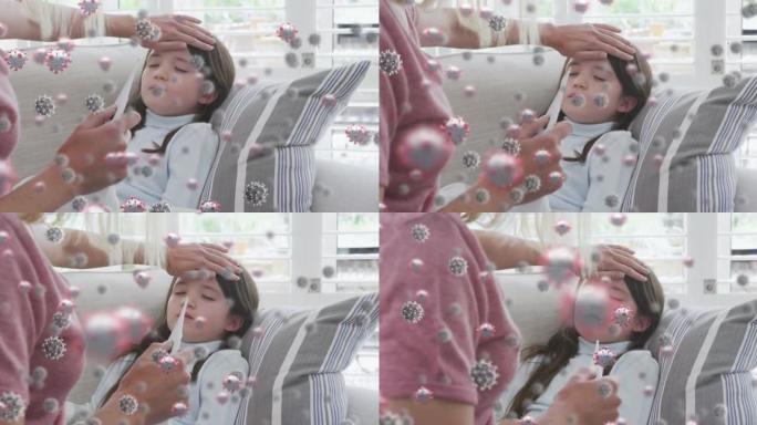 高加索金发母亲身上的covid 19细胞的动画测量她生病的女儿的温度