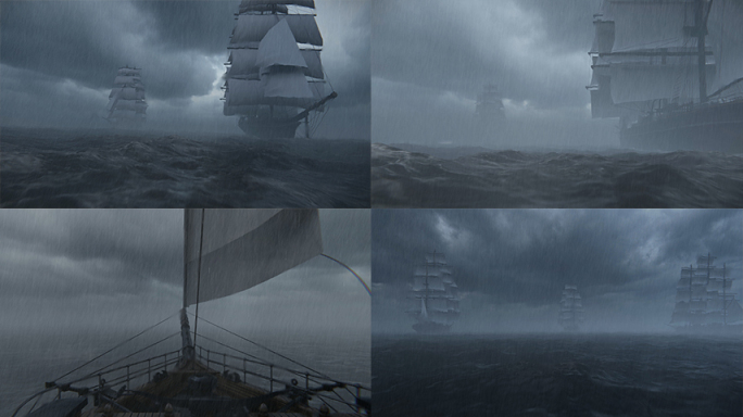 海上风暴帆船航行风雨交加深海风浪乘风破浪
